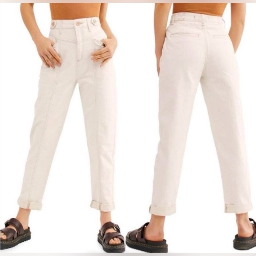 Free People We The Free City Of Lights‎ Sz 25 High Rise Linen Blend Ecru Jeans